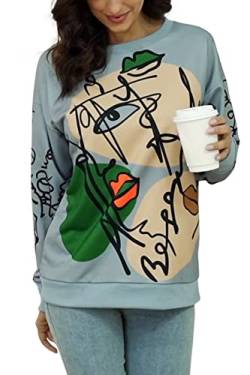 NEYOUQE Langarmshirt Damen Pullover Langarm Rundhals Sweatshirts Farbblock Drucke Graffiti Longshirt Lässig Casual Pullover Damen Hellblau S 36-38 von NEYOUQE