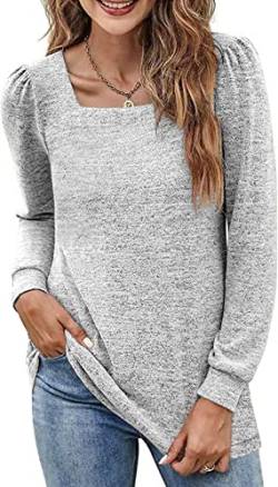 NEYOUQE Longshirt Damen Oberteile Quadratischer Kragen Sweatshirts Einfarbig T Shirts für Damen Lässig Loose Langarmshirts für Damen Grau XL 48-50 von NEYOUQE