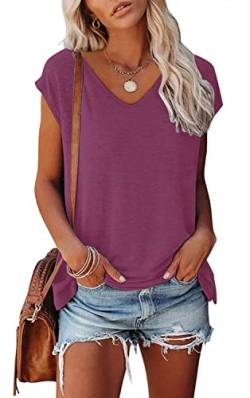 NEYOUQE Oberteile Damen Weste Damen Einfarbiges Bluse Kurzarm-T-Shirt für Damen U Ausschnitt lässig Casual Loose Basic Shirt Tshirts Damen Weinrot XL 48-50 von NEYOUQE