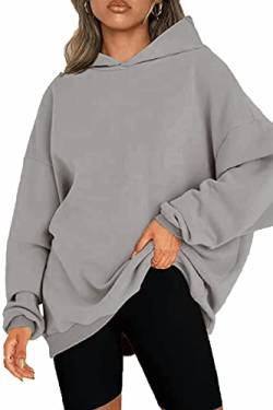 NEYOUQE Pulli Damen Pullover Winter Longsleeve Solid Color Loose Sweatshirts Fleece Gefüttert Soft Casual Damen Hoodie Grau L 44-46 von NEYOUQE