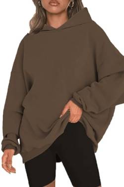 NEYOUQE Pulli Damen Pullover Winter Longsleeve Solid Color Loose Sweatshirts Fleece Gefüttert Soft Casual Hoodie Damen Braun M 40-42 von NEYOUQE