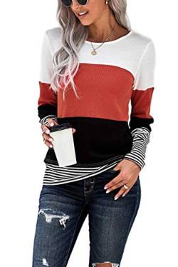 NEYOUQE Pullover Damen Gestreift Rundhals Langarm Tshirt Beliebten Pullover Basic Tops Bekleidung Shirts Basic Damen Rot XL 48-50 von NEYOUQE