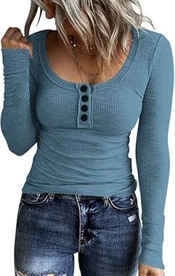 NEYOUQE Pullover Damen Herbst Rundhals Langarmshirt Damen Einfarbige Knopfkragen Longsleeve Damen Lässig Casual Bluse Damen Blau S 36-38 von NEYOUQE