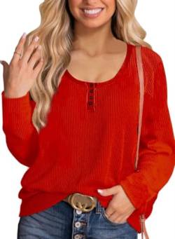 NEYOUQE Pullover Damen Herbst Rundhals Langarmshirt Damen Einfarbige Knopfkragen Longsleeve Damen Lässig Casual Bluse Damen Rot M 40-42 von NEYOUQE