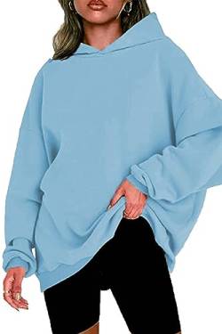 NEYOUQE Pullover Damen Winter Langarm Einfarbig Sweatshirts & Kapuzenpullover Fleece Gefüttert Soft Essentials Hoodie Damen Oversize Blau L 44-46 von NEYOUQE