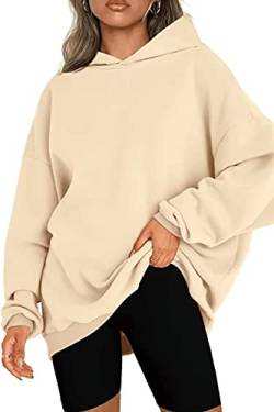 NEYOUQE Pullover Damen Winter Langarm Longsleeve Solid Color Loose Sweatshirts & Kapuzenpullover Fleece Gefüttert Soft Casual Hoodies Beige L 44-46 von NEYOUQE