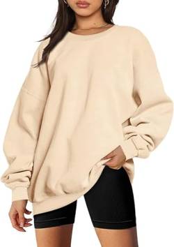 NEYOUQE Pullover Damen Winter Langarm Rundhalsausschnitt Sweatshirt Damen Einfarbige Fleece Gefüttert Soft Langarmshirt Damen Beige L von NEYOUQE