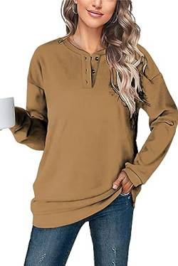 NEYOUQE Pullover Damen Winter Sweatshirts Shirt Langarm Einfarbig Rundhalsausschnitt Casual Sweatshirts für Damen Khaki L 44-46 von NEYOUQE