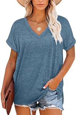 NEYOUQE Shirt Damen Einfarbige V-Ausschnitt T-Shirt Damen Lässig Longshirt Damen Kurzarm Komfortabel Shirts Damen Sommer Blau L 44-46 von NEYOUQE