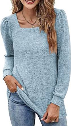 NEYOUQE Shirt Damen Oberteile Langarm Einfarbig Quadratischer Kragen Tops Damen Longsleeve Casual Sweatshirt T-Shirt Damen Hellblau XL 48-50 von NEYOUQE