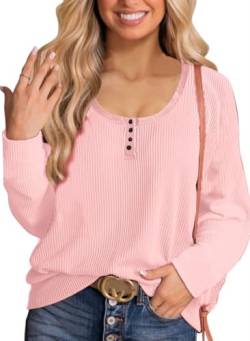 NEYOUQE Shirt Langarm Damen Einfarbig Rundhals Blusen & Tuniken Für Damen Knopfkragen Longsleeve Damen Lässig Casual Oberteile Damen Rosa S 36-38 von NEYOUQE