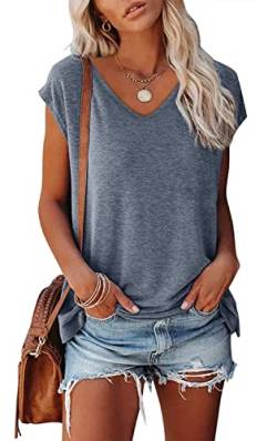 NEYOUQE Shirts Damen Weste Damen Einfarbiges Bluse Kurzarm-T-Shirt für Damen U Ausschnitt lässig Casual Loose Basic Shirt Tshirts Damen Blau M 40-42 von NEYOUQE