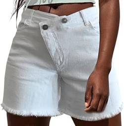 NEYOUQE Shorts Damen Sommer Mittlere Taille Knopf Kurze Hosen Damen Sommer Einfarbig mit Taschen Hotpants Damen Weiß XL 48-50 von NEYOUQE