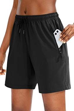 NEYOUQE Shorts Laufhose Damen Kurz 3/4 Elastischer Bund Shorts Damen Sommer mit Taschen Einfarbig Kurze Sporthose Damen Casual Loose Gym Shorts Schwarz M 40-42 von NEYOUQE