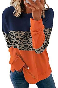 NEYOUQE Sweatshirt Damen Langarm Rundhals Farbblock Longsleeve lässig Oberteile Pullover Tshirt Damen Leopard-Orange L von NEYOUQE