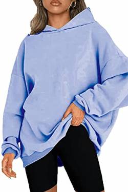 NEYOUQE Sweatshirts für Damen Langarm Einfarbig Loose Pullover für Damen Fleece Gefüttert Soft Casual Kapuzenpullover Damen Sweatshirt Blau S 36-38 von NEYOUQE