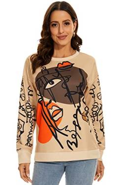 NEYOUQE Sweatshirts für Damen Longsleeve Rundhals Farbblock Pulli Damen Drucke Graffiti Shirt Langarm Damen Lässig Casual Sweatshirts Khaki XL 48-50 von NEYOUQE