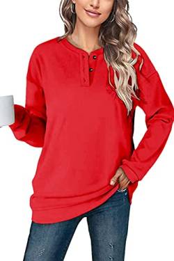 NEYOUQE Sweatshirts für Damen Pullover Herbst Langarm Einfarbig Rundhals Langarmshirt Damen Tshirt Longsleeve Pulli Damen Rot S 36-38 von NEYOUQE