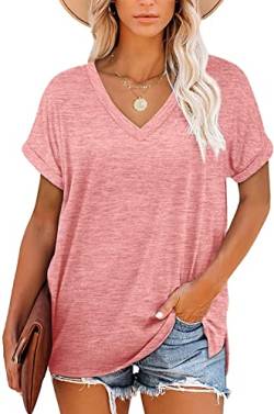 NEYOUQE Top Damen Einfarbige V-Ausschnitt Damen Tshirt Kurzarm Einfach Longshirt Damen Loose Tunika Damen Sommer Rosa L 44-46 von NEYOUQE