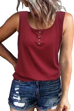 NEYOUQE Tops für Damen Tshirt U-Ausschnitt Ärmellos Shirts Damen Sommer Casual Lässig Einfarbig Basic Shirt Damen Top Sommer Weinrot XXL 50-52 von NEYOUQE