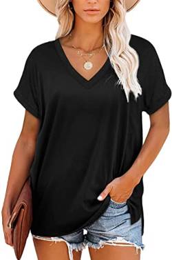 NEYOUQE Tshirt Damen V-Ausschnitt Kurzarm Blusen & Tuniken für Damen Einfarbige Klassisch Damen Oberteile Lässig Loose Top Damen Schwarz L 44-46 von NEYOUQE