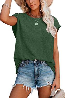 NEYOUQE Tshirts Damen Gestreift Rundhals Kurzarm Tshirt Beliebten Pullover Basic Einfarbig Damenpullover Kurzarm Grün M 40-42 von NEYOUQE