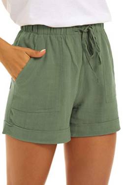 NEYOUQE musselin Shorts Damen Baumwolle Leinen einfarbig mit Taschen elastischer Aesthetic Kurze Hose Damen Shorts Sommer Grün M von NEYOUQE