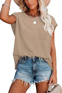 NEYOUQE t-Shirt Damen Gestreift Rundhals Kurzarm Tshirt Beliebten Pullover Basic Einfarbig Longpullover für Damen Khaki M 40-42 von NEYOUQE