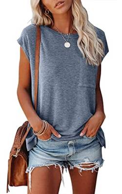NEYOUQE t-Shirts für Damen Gestreift Rundhals Kurzarm Tshirt Beliebten Pullover Basic Einfarbig Tops Bekleidung Blau XXL 50-52 von NEYOUQE