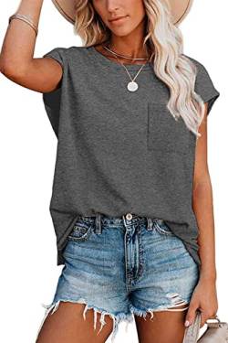 NEYOUQE t-Shirts für Damen Gestreift Rundhals Kurzarm Tshirt Beliebten Pullover Lässig Einfarbig Shirt Damen Grau S 36-38 von NEYOUQE