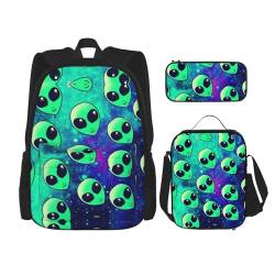 NEZIH 3-in-1-Schulranzen-Set, Motiv: grüne Aliens, Rucksack, Handtasche, isolierte Lunch-Tasche, Federmäppchen von NEZIH