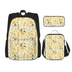 NEZIH 3-in-1-Schulranzen-Set mit Ananas-Muster, Rucksack, Handtasche, isolierte Lunch-Tasche, Federmäppchen von NEZIH