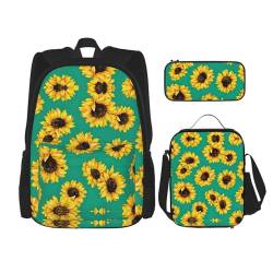 NEZIH 3-in-1-Schulranzen-Set mit Frühlingssonnenblumen-Druck, Handtasche, isolierte Lunch-Tasche, Federmäppchen von NEZIH