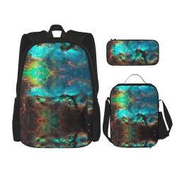 NEZIH 3-in-1-Schulranzen-Set mit Universum-Galaxie-Motiv, Rucksack, Handtasche, isolierte Lunch-Tasche, Federmäppchen von NEZIH