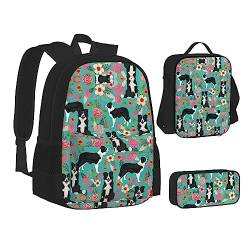 NEZIH Blaue Chinchillas und Mond Print Leichte Wasserbeutel Isolierte Mittagessen Federmäppchen Büchertasche Sets Rucksack Reise Daypack, Border Collie Florals, Einheitsgröße, Lässiger Tagesrucksack von NEZIH