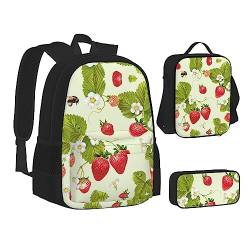 NEZIH Lovely Strawberry Print Leichte Wasser Taschen Isoliert Mittagessen Bleistift Fall Büchertasche Sets Rucksack Reise Daypack von NEZIH