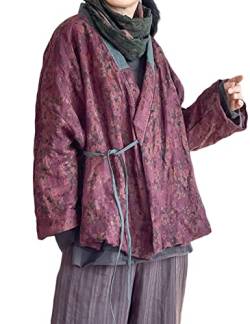 NFYM Damen Baumwolle Gepolstert Kurze Jacke Kimono Cardigan Wrap Front Chinesischer Hanfu Stil Gedruckt Patchwork Lose Outwear, violett, Einheitsgröße von NFYM