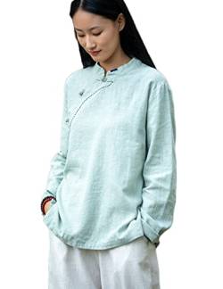 NFYM Damen Baumwolle Leinen Bluse Langarmshirts Tunika Top Chinesischer Stil Knöpfe Elegant T-Shirt, Pea Green, Einheitsgröße von NFYM