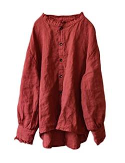 NFYM Damen Leinenhemden Used-Look Hals und Manschette Button Down Laterne Langarm Bluse Tunika Tops, Rot/Ausflug, einfarbig (Getaway Solids), Einheitsgröße von NFYM