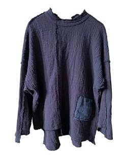 NFYM Damen Pullover Tops Langarm Stehkragen Patchwork Ausgefranster Rand Washed Crinkle Fabrication Bluse Shirt, Blau, Einheitsgröße von NFYM
