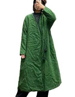 NFYM Damen Trenchcoat Leinen Baumwolle Gesteppt Offene Vorderseite Wrap Ein-Knopf Cardigan Lose Outwear Jacke, Grün , Einheitsgröße von NFYM