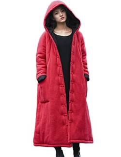 NFYM Damen Winter Warm Lange Trenchcoat Kapuze Baumwolle Leinen Gesteppt Vintage Lange Knopfleiste Jacke Robe, rot, Einheitsgröße von NFYM