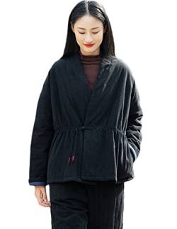 NFYM Damen Wintermäntel Leinen Baumwolle Gepolsterte Kleidung Chinesische Hanfu Knöpfe V-Ausschnitt Kurze Steppjacke Mantel Oberbekleidung, schwarz, Einheitsgröße von NFYM