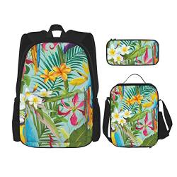 Bunte Marmor Schulrucksack Jungen Mädchen Schule Büchertasche Set Schüler Rucksack mit Lunchbox und Federmäppchen, Tropische Pflanzen und Papageien, EinheitsgröÃŸe von NHGFVT