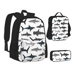 Rucksack für Teenager, Schulranzen, Mädchen, Jungen, Fisch- und Hai-Rucksäcke mit Lunchbox und Federmäppchen, Fisch und Hai, Einheitsgröße von NHGFVT