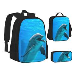 Rucksack für Teenager, Schulranzen, Mädchen, Jungen, Fisch- und Hai-Rucksäcke mit Lunchbox und Federmäppchen, Glücklicher Delfin, Einheitsgröße von NHGFVT