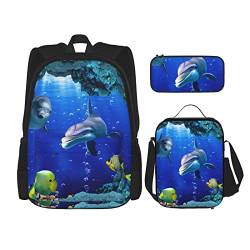 Schulrucksack mit Quallen-Muster, für Jungen und Mädchen, Schul-Büchertaschen-Set, Schüler-Rucksack mit Lunchbox und Federmäppchen, Unterwasserwelt Fisch Delphi, EinheitsgröÃŸe von NHGFVT