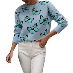 Damen Pullover Langarm Bluse Mit Schmetterlingen Damen Strickpullover mit Rundhalsausschnitt und Schmetterlingsmuster für Damen, langärmlig Trend Klamotten​ (A, S) von NHNKB