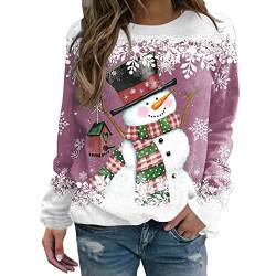 NHNKB Weihnachts Hoodie Damen Basic Sweatshirt Damen Damen-Sweatshirt mit Weihnachtsmotiv und Schneemann-Print, lässig, langärmelig, Rundhalsausschnitt, lockerer Pullover Damen von NHNKB