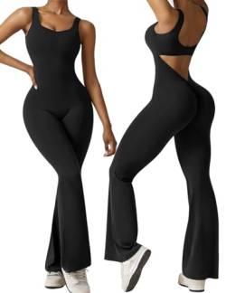 NIBESSER Damen Sport Jumpsuit Flared V-Rückenfrei Scrunch Butt Einteiler Bodysuit Lang Yoga Ärmellos Overall Trainingsanzug Sexy Playsuits Sport Outfit Eng Yoga Workout Bodycon（Schwarz L） von NIBESSER